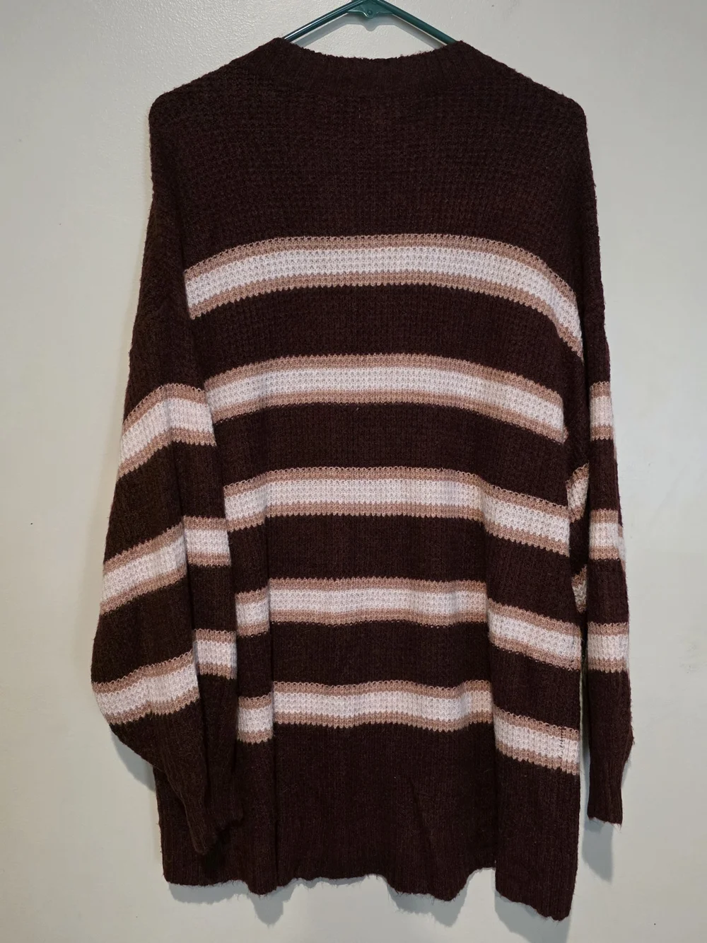 American Eagle Burgundy Striped Chunky Knit V-Neck Oversized Dolman Sweater L